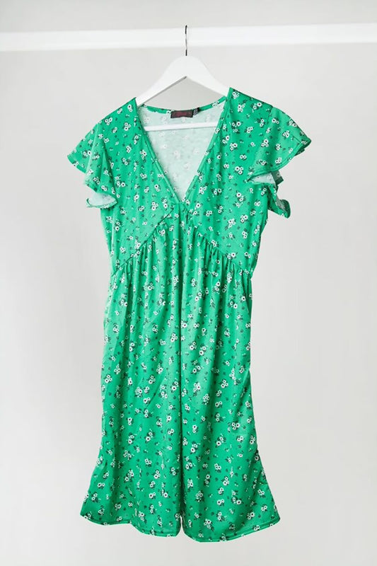 Plus Size Green Disty Floral Ruffle Sleeve Dress