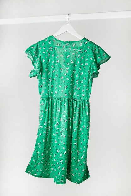 Plus Size Green Disty Floral Ruffle Sleeve Dress