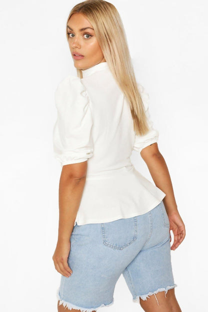 Plus Size White Choker Cut Out Puff Sleeve Peplum Top